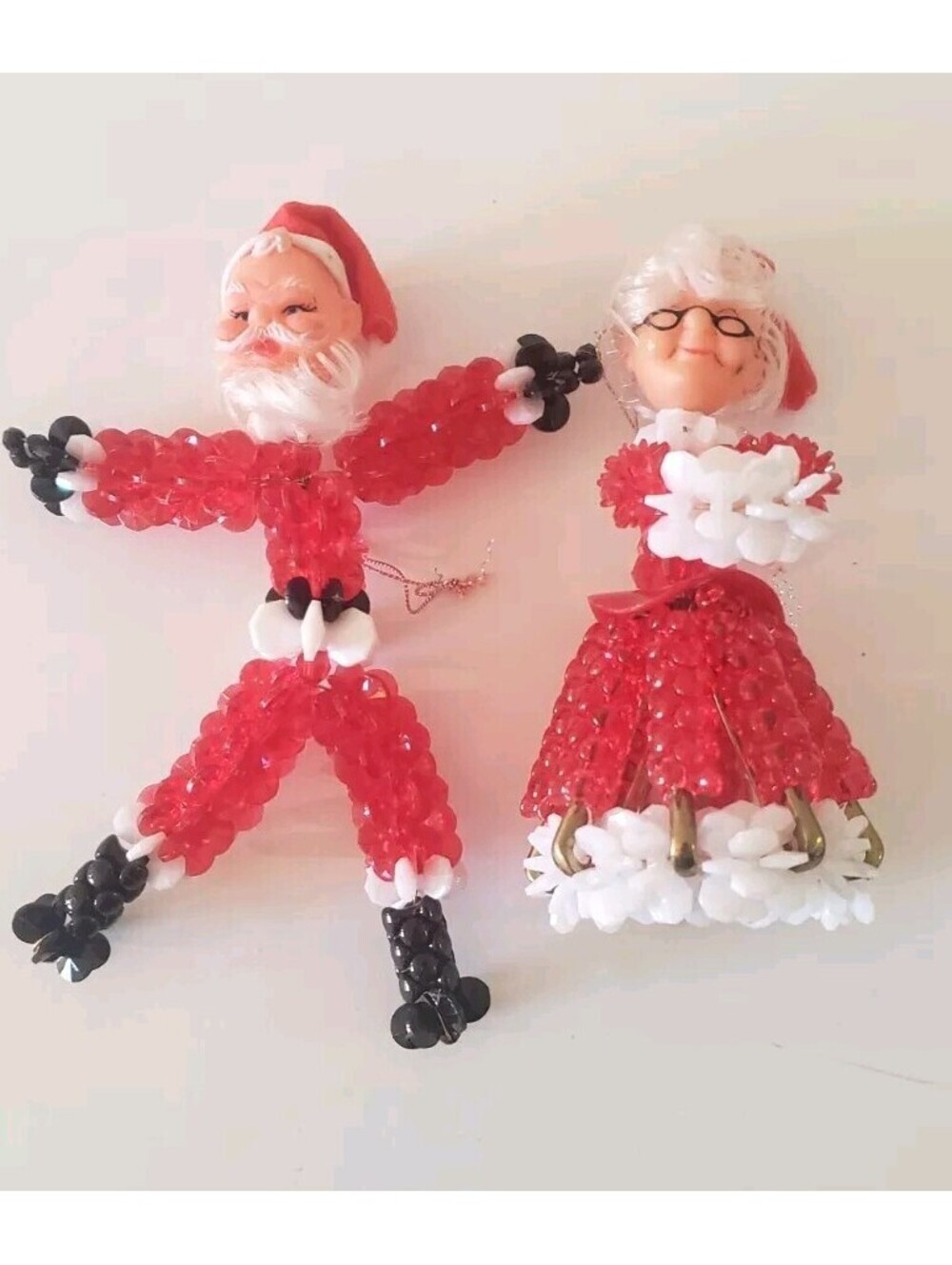VTG Christmas Beaded Ornament Santa Mrs Claus Safety Pin Plastic Handmade Kitsch
